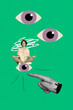 © deagreez - Trend artwork design montage 3D collage of esoteric young woman sit eyeball meditate finger touch vision control spy focus eye security