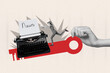 © deagreez - Template collage design trend 3D sketch of hand hold key young woman delivery service run typewriter print story reporter writing news