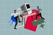 © deagreez - Trendy art creative full zine photo collage of two happy girls guys stand pc monitor table desktop office manager worker workplace
