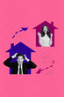 © deagreez - Zine pop image banner 3d photo collage of happy girl guy sit home isolation arrow relocation moving new settlement concept