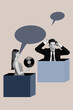 © deagreez - Graphics banner collage of people stand cube listen audio disc speak text box on pastel background