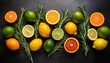 © Vaughn - a vibrant and refreshing mix of citrus fruits lemons limes and oranges artfully arranged with sprigs of rosemary on a textured dark surface a zesty and aromatic delight