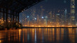 © benchaporn - City Lights Panorama: The dazzling night skyline reflects on a glossy surface, framed by a modern architectural structure with ambient lights. A captivating scene for urban exploration.