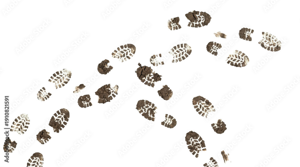Path of muddy boot footprints with realistic dirt texture and tread ...