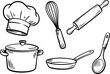 © Majnur - Kitchen cooking utensils vector set with chef hat, pot, pan, whisk and rolling pin illustration