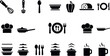 © tofajjol studio - Minimal black kitchen and cooking icon set with chef tools bowls pots mugs cutlery frying pan and food preparation elements
