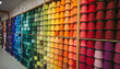 © Ai Stock Lab - Vibrant collection of multicolored wool cones organized on large wooden shelf wall creating bright rainbow spectrum that evokes feeling of creativity joy and inspiration for art and craft projects