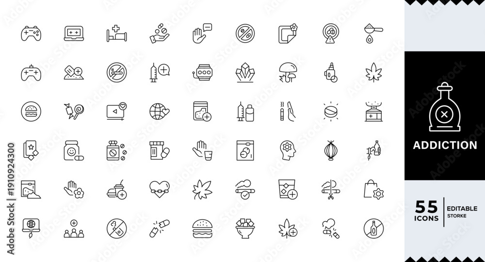 Addiction Stroke icon collections. Containing Gaming, Addiction ...