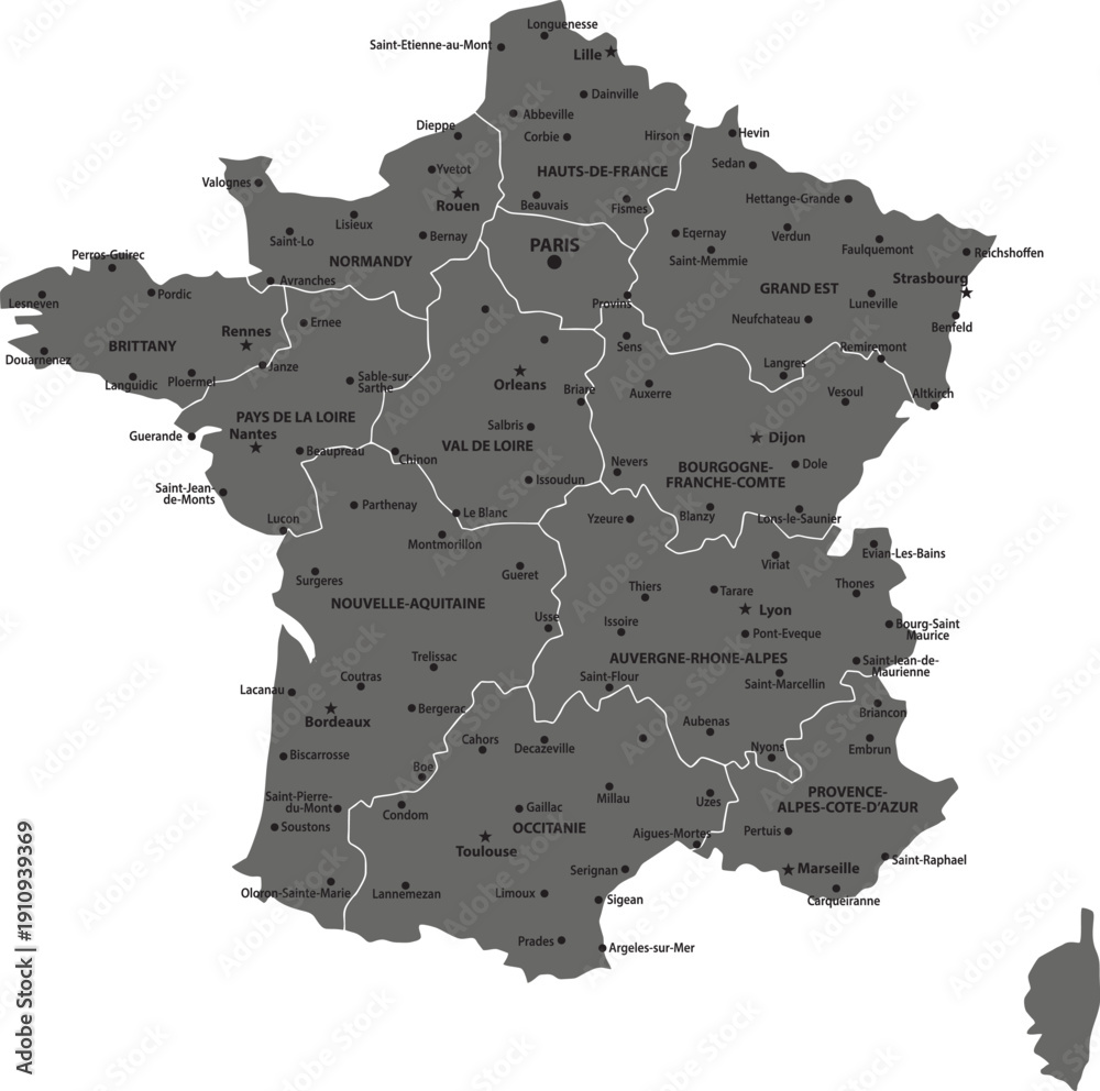 Map of France with regions and major cities labeled a detailed ...