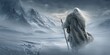 © silver bug - Cloaked figure, old man in white robes walks through a misty, snow-covered mountain landscape. The serene, wintry scene evokes mystery and solitude.