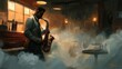 © Hungarian - A captivating jazz musician performs in a smoky, vintage bar, showcasing a vibrant artistic style.