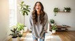 © DesignAIPro - Joyful young woman laughing in brightly lit room full of houseplants