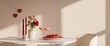 © Iryna - A modern dining room scene showcases a minimalist setup with pink roses, red candles, and strawberries arranged on a white table, creating a romantic ambiance in soft natural light