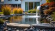 © shahjalal - Elegant backyard garden waterfall with natural stone pond, autumn foliage, and modern home backdrop. Serene residential landscape design creating peaceful outdoor oasis atmosphere.