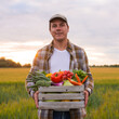 © Acronym - Farmer with a vegetable box in front of a sunset agricultural landscape. Man in a countryside field. Country life, food production, farming and country lifestyle concept.