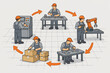 © simple design - An illustration of a manufacturing process with workers in orange overalls performing various tasks in a factory setting with machinery and workbenches