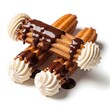 © wannn - Close-up shot of churros with whipped cream and chocolate sauce on a plain white background