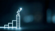 © estrel - A minimalist upward at the top of a glowing staircaseshaped graph A small white human icon climbing a ladder and holding a light bulb symbolizes personal growth car