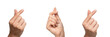© Image - Finger heart gesture close-up isolated on white background, human hand forming small heart with fingers, love gesture, Korean finger heart, hand communication, hand expression, hand posture, finger