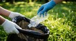 © guobao - Team of environmental volunteers cleaning up public park waste with hands in protective medical gloves placing empty plastic bottle in black garbage bag for recycling representing community service an