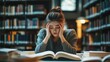 © pinkrabbit - student research sample exam by tablet, prepare for test and learning lessons in the library. stress, despair, haste, misunderstanding reading, discouraged, expectation, knowledge