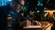 © Agus Through Lens - Focused man in glasses writing in notebook at night under lamp light for research and education concept