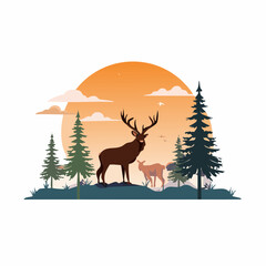 Naklejka na meble Majestic Deer Silhouette in a Serene Forest Landscape at Sunset