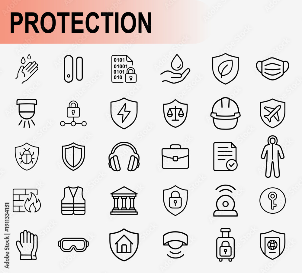 Protection and safety icons set, line symbols for law security ...