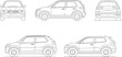 © MdMehedial - Line Art Technical Illustration of Compact SUV Crossover Blueprint with Front Side and Rear View Orthographic Drawings Isolated on White Background for Automotive Design