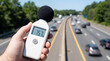 © Ree - Sound level meter measuring traffic noise on highway with moving vehicles