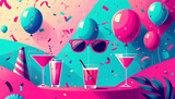 Celebratory illustration featuring balloons cocktails confetti and sunglasses
