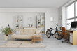 © Pixel-Shot - Interior of living room with sofa, coffee table, bicycle and modern workplace