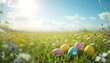 © Akash - Vibrant easter eggs nestled in a blooming meadow under a clear blue sky