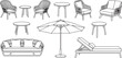 © Misho x Mamun - Patio furniture line art drawing Set. Outdoor, porch zone, garden yard interior elements, rattan armchairs, tables, daybed, umbrella, sunbed isolated.one line icon illustration with white background