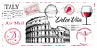 © Subarna - Italy travel postcard with colosseum wine and postage stamps illustration