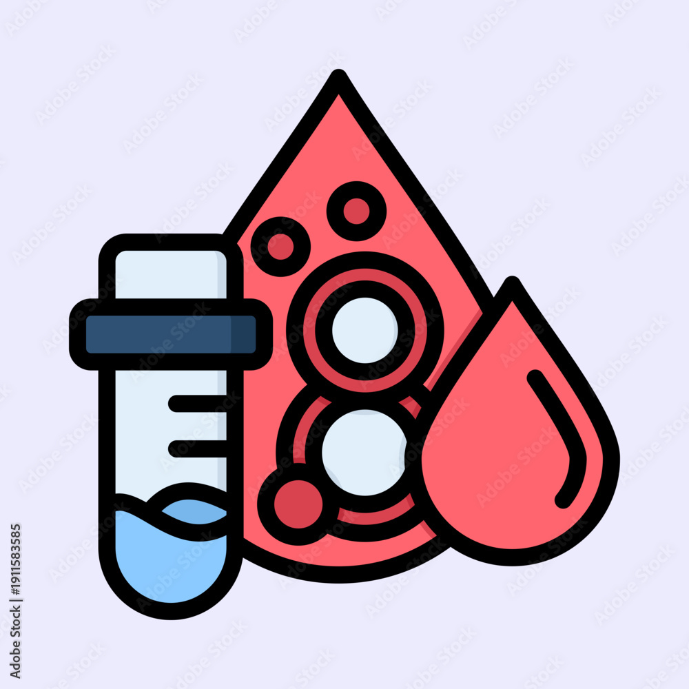 Medical illustration showing a test tube with liquid and blood drops ...