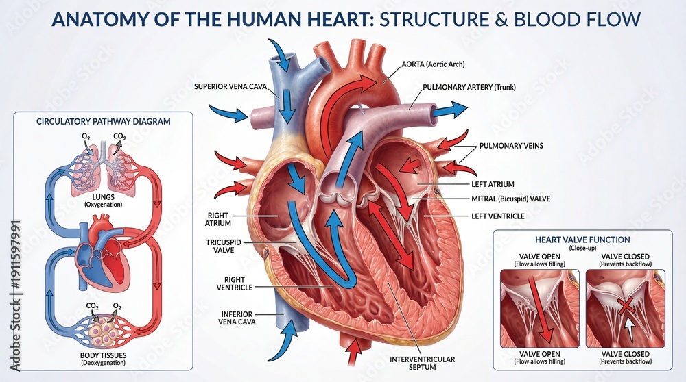 Detailed Diagram of Human Heart Anatomy, Structure, and Blood Flow ...