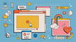 © Frogella.stock - 90s retro vaporwave aesthetics digital screen user interface. Cute old computer ui elements, nostalgic pc icons and dialog boxes vector set. Illustration of computer screen 90s