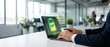 © MHS-AI - A businessman in a suit is diligently typing on his laptop, observing a vibrant green glowing battery icon alongside several checkmarks, indicating energy efficiency.