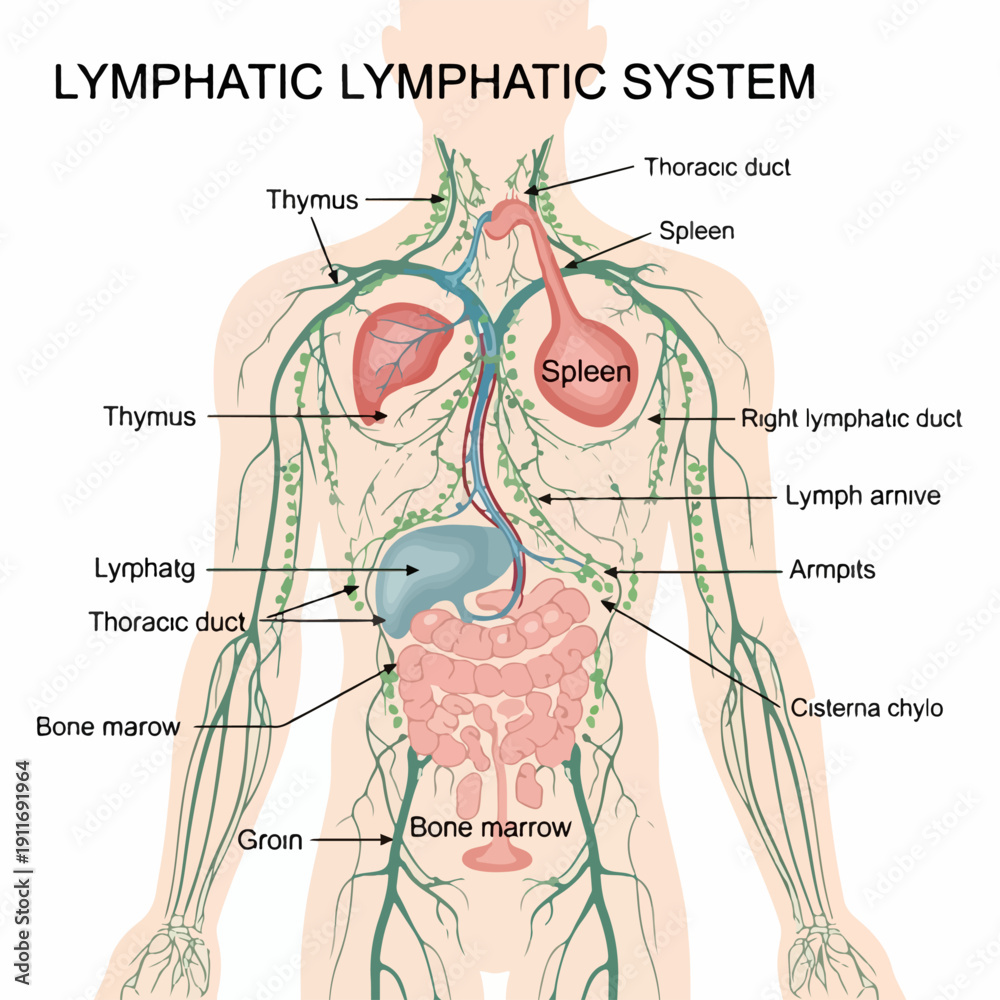 Lymphatic Line Anatomical diagram of the human lymphatic system illustrating lymph ...