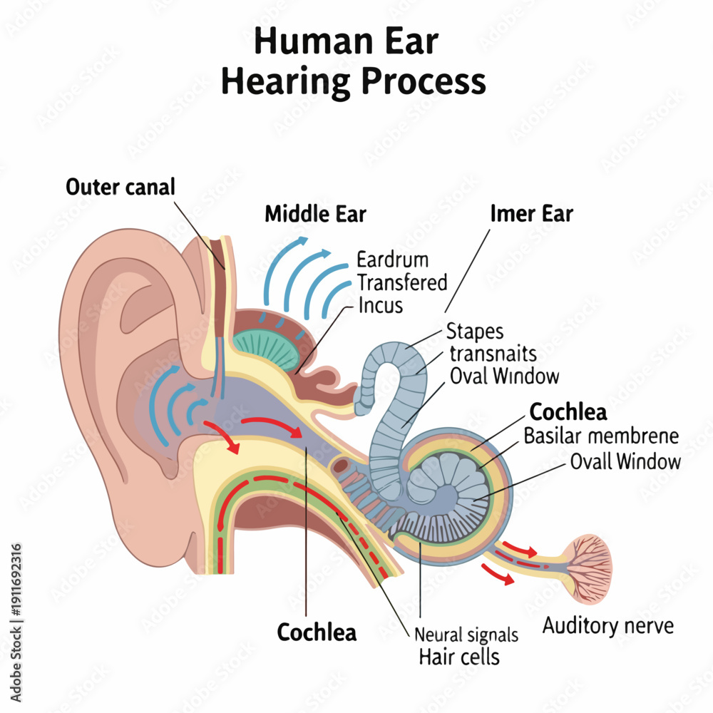 Detailed Diagram of the Human Ear and Hearing Process, showing outer ...