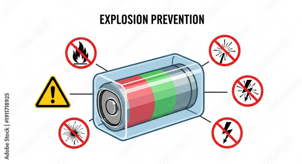 Battery explosion prevention safety illustration with warning signs and ...