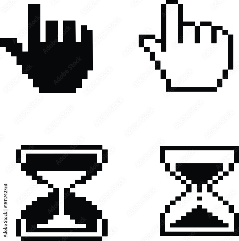 Pixel art vector set featuring black and white mouse hand cursors ...