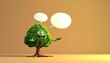 © Qila - Cartoon Tree Character with Speech Bubbles on Beige Background.