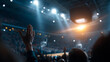 © Laura - Vibrant basketball arena filled with faceless excited fans and bright floodlights, ready for big game night atmosphere, illuminated venue, competitive setting, with copy space