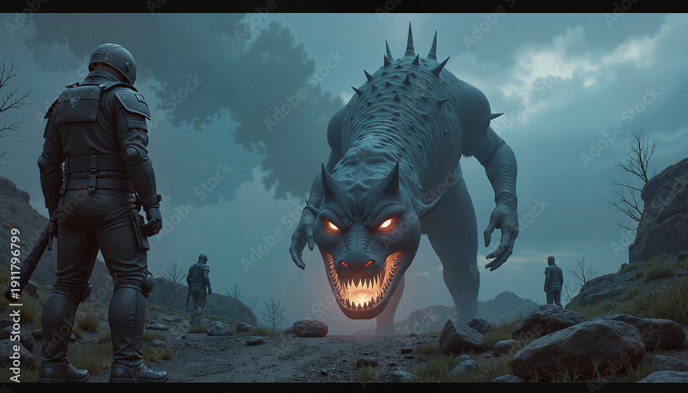 Soldier confronting monstrous creature in a dark landscape, reflecting ...