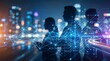© CuteBee - Silhouettes of diverse business professionals stand against a blurred futuristic city skyline at night, with a glowing digital network data connection.