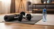 © Sanur - Dumbbells and yoga mat on floor in a modern living room with a water bottle, preparing for home workout