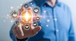 © shakib - Professional man using digital interface with human resource and teamwork icons representing personnel management and leadership networking within corporate structure for business efficiency