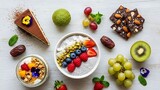Artistic assortment of healthy sweet foods and desserts flat lay style